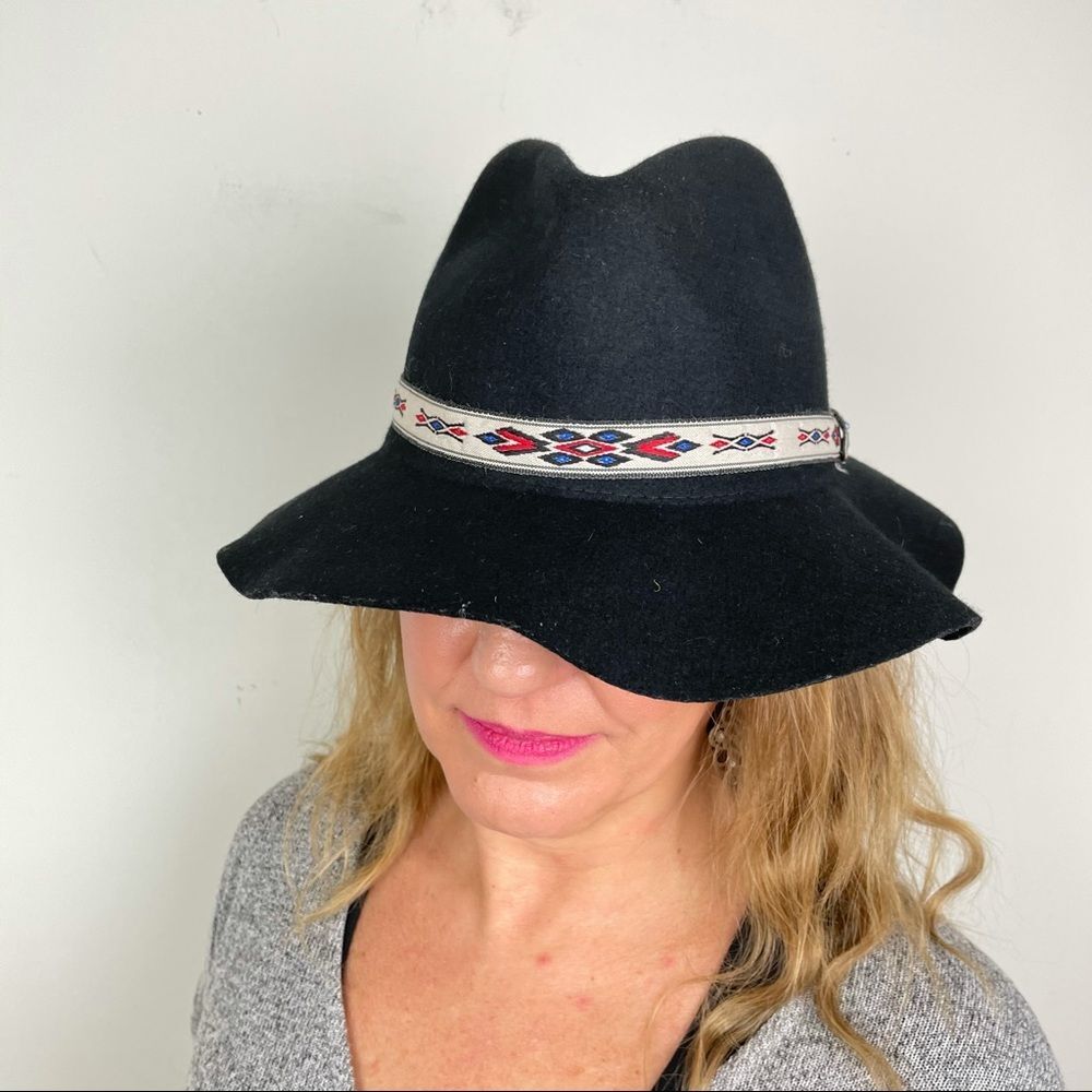 100% Wool Felt Fedora Hat Boho Black Southwest Band